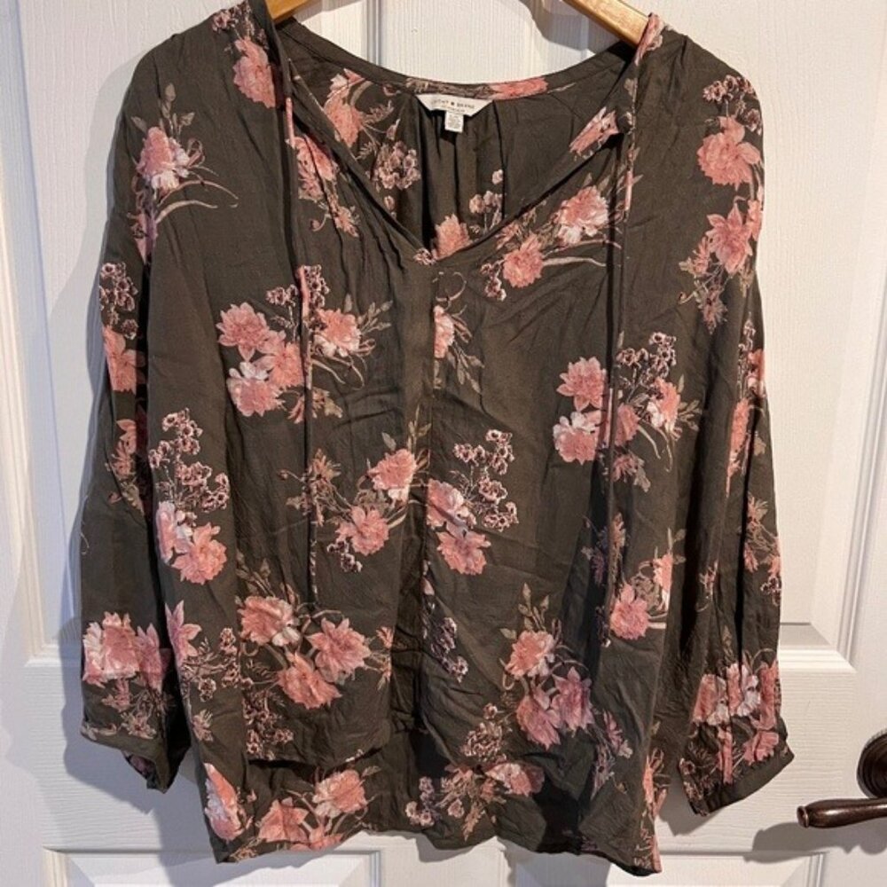 Lucky Brand Women’s Floral Boho Peasant Top Blouse Green Pink Long Sleeve Size L